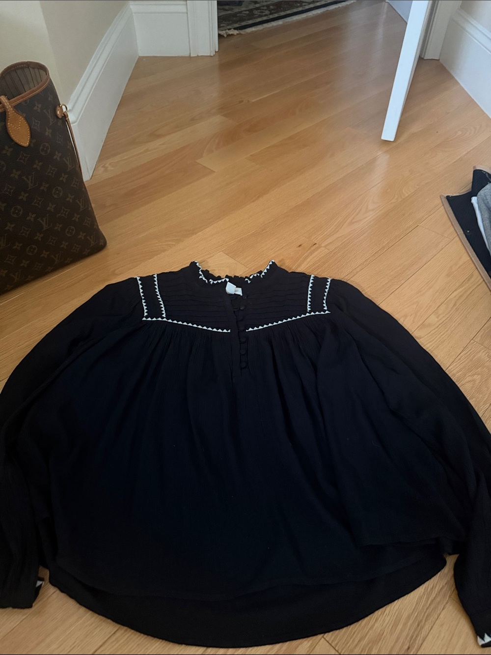 Nordstrom Black Peasant Blouse with Cream Trim